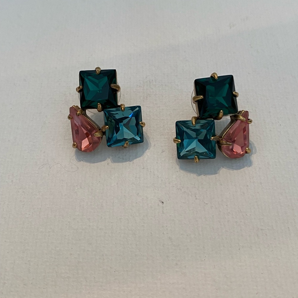 J. Crew Elegant Gold and Pink, Blue, and Emerald Gemstone Earrings